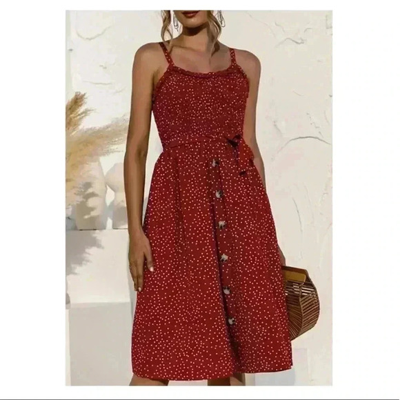 🆕Boho Trendy Floral Blooming Wine Abstract Dot Smocked A-Line Dress S🆕 - Picture 1 of 12
